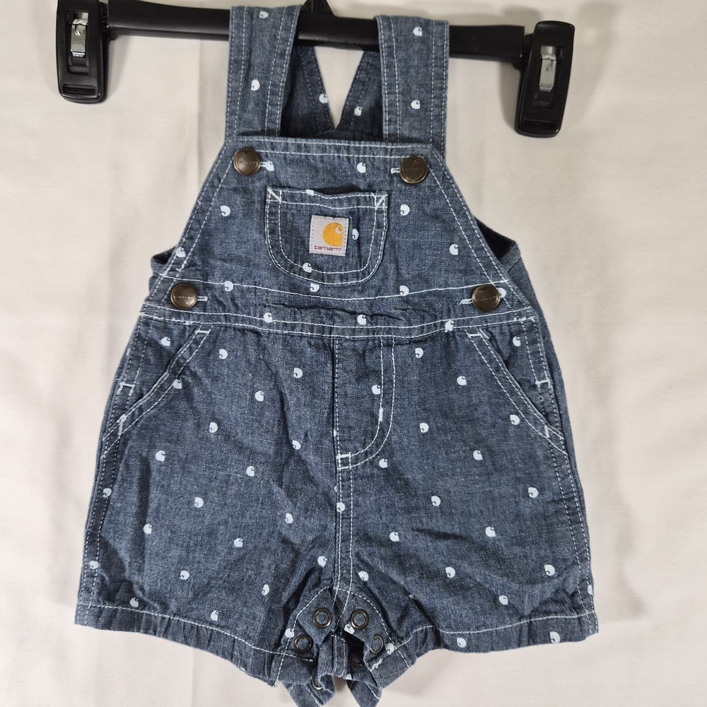 Carhartt Baby Denim Overalls 6M Blue Logo Print Shortalls Infant One Piece